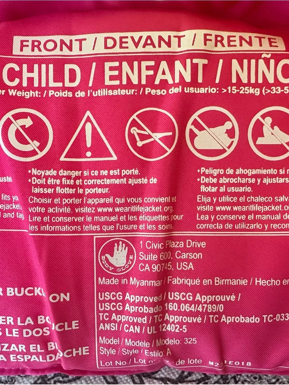 Children's Hot Pink Life Jacket with Safety Labels